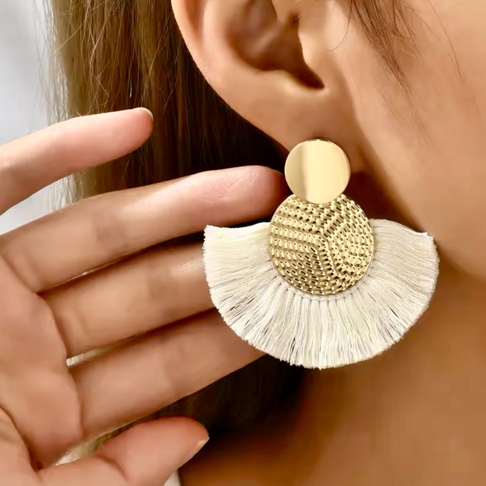Bohemian Gold-Toned Statement Drop Earrings, Large Tassel White Fringe